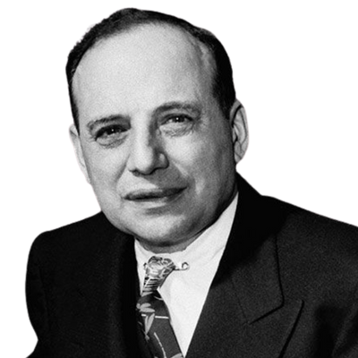 Portrait of Benjamin Graham, the father of value investing, known for his profound influence on Warren Buffett and his seminal works such as "The Intelligent Investor." Graham is depicted in a classic black-and-white photograph, wearing a dark suit and tie, with a thoughtful expression on his face. He has neatly combed hair and round glasses, capturing the essence of his scholarly and disciplined approach to finance and investing.